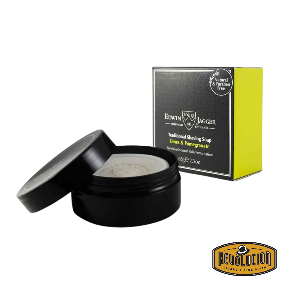 Edwin Jagger Shaving Soap Lime & Pomegranate – Refill puck with vibrant labeling, designed for use in a shaving bowl, offering a fresh citrus and fruity scent.