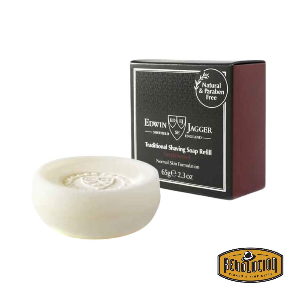 Edwin Jagger Shaving Soap Sandalwood Refill – Round shaving soap puck with clean labeling, designed as a refill for shaving bowls, featuring classic sandalwood scent.