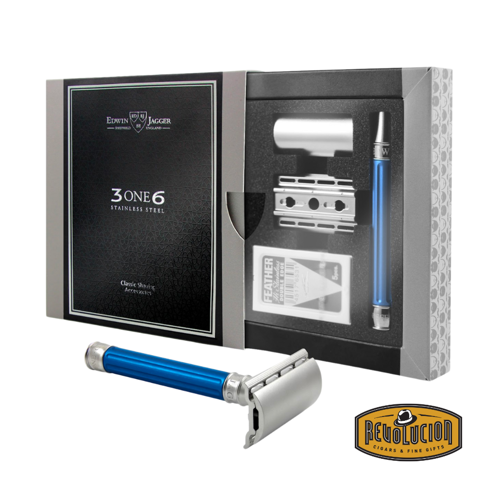 Edwin Jagger stainless steel safety razor displayed with its branded box in the background.