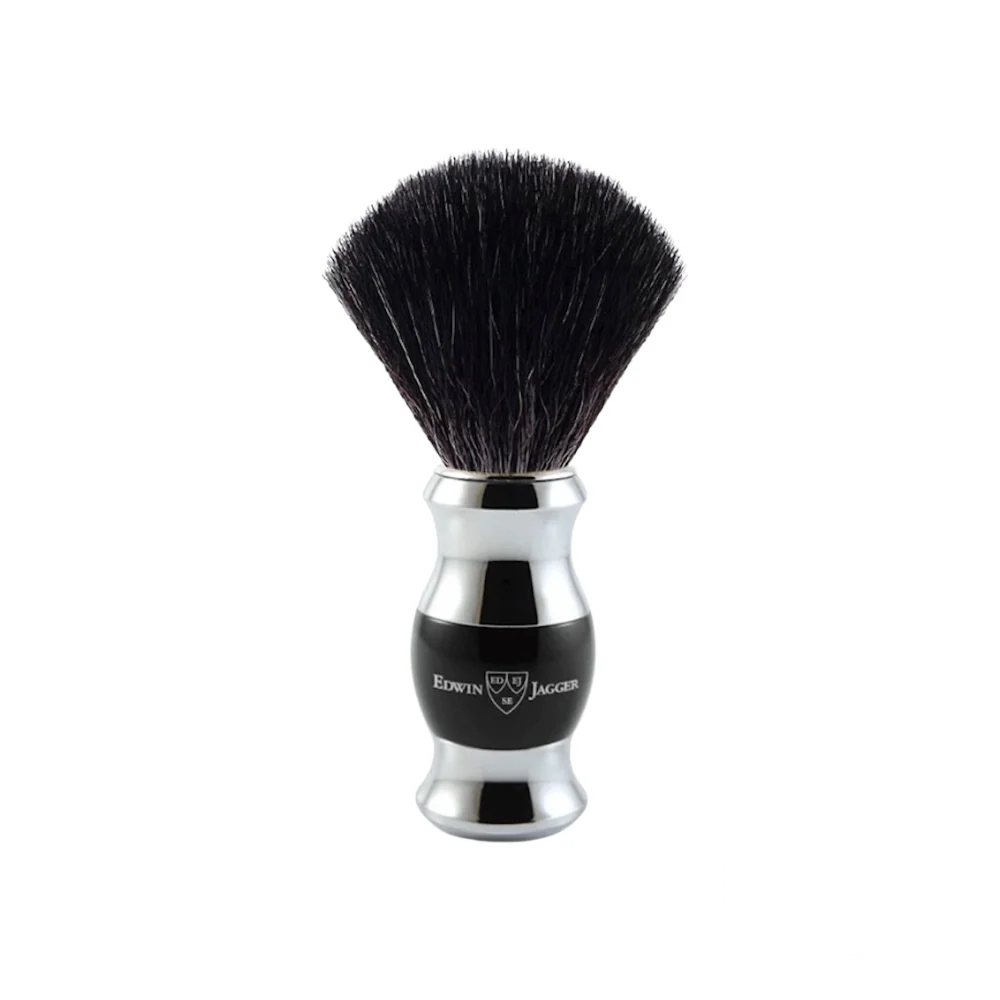 Edwin Jagger Synthetic Fiber Brush with Chrome and Ebony Plated Handle – a premium shaving brush featuring a polished, luxurious design and high-performance synthetic bristles.