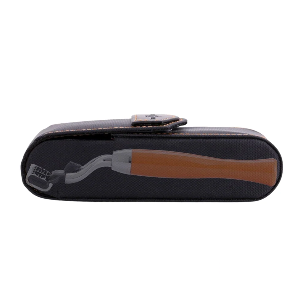 Closed leather travel case partially open at the top, subtly showing the razor handle inside for a sleek presentation.