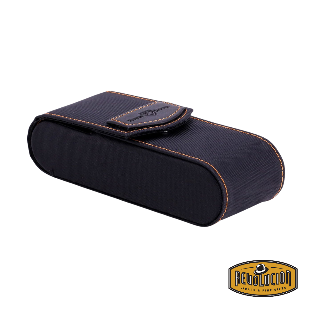 Closed Edwin Jagger travel case with black exterior and orange stitching, compact and elegant for travel use.