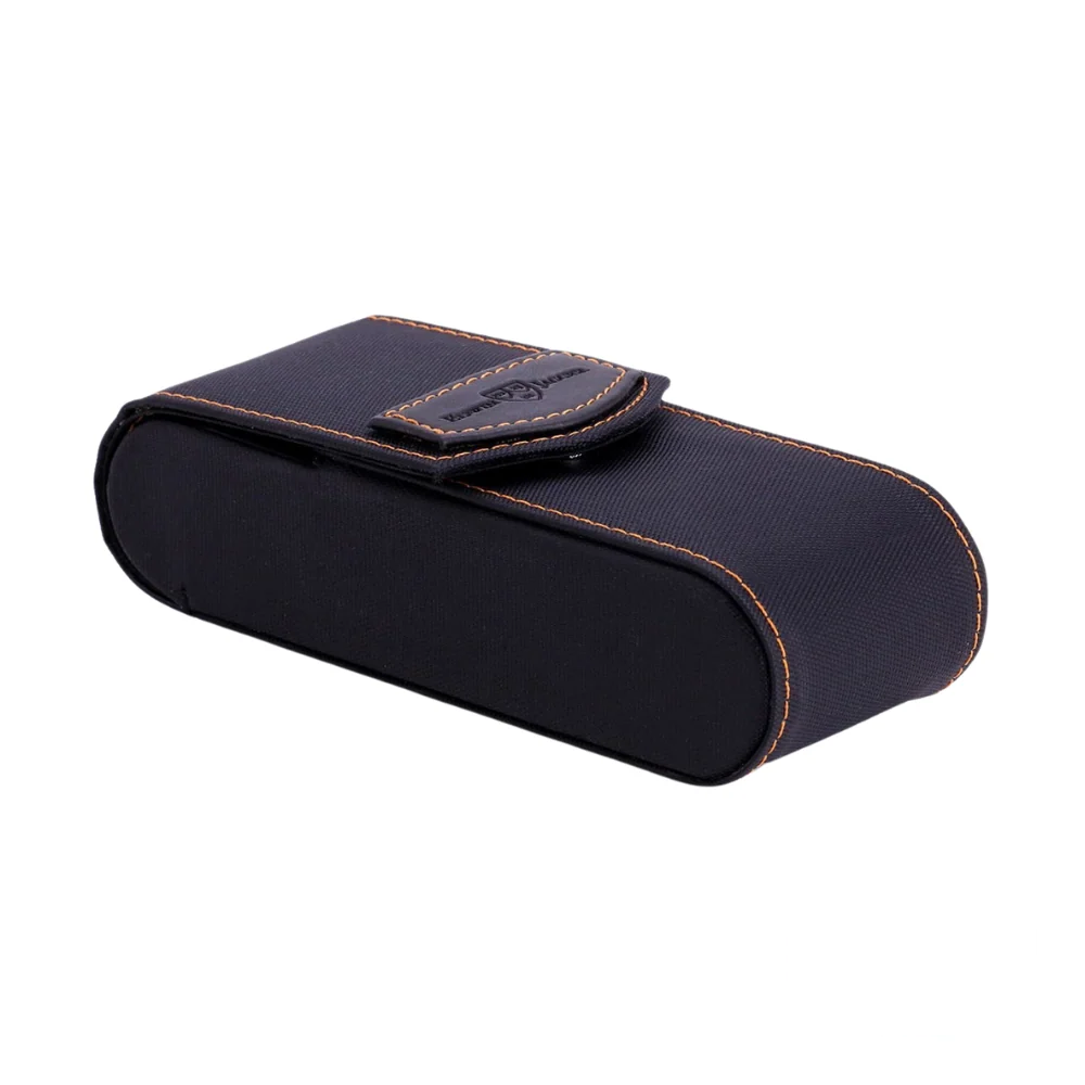 Closed Edwin Jagger travel case with black exterior and orange stitching, compact and elegant for travel use.