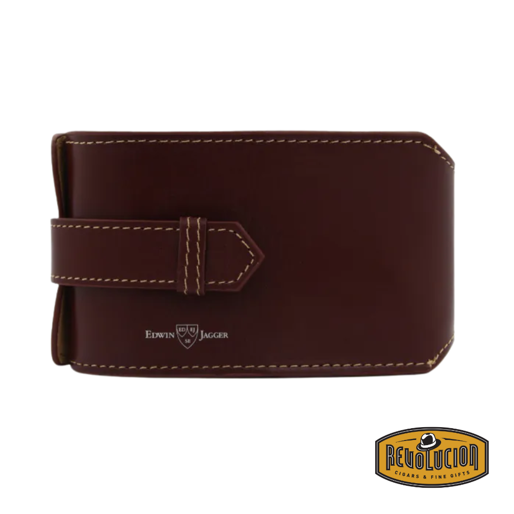 Edwin Jagger Mach 2 Travel Set featuring a closed leather brown travel case with stitched detailing.