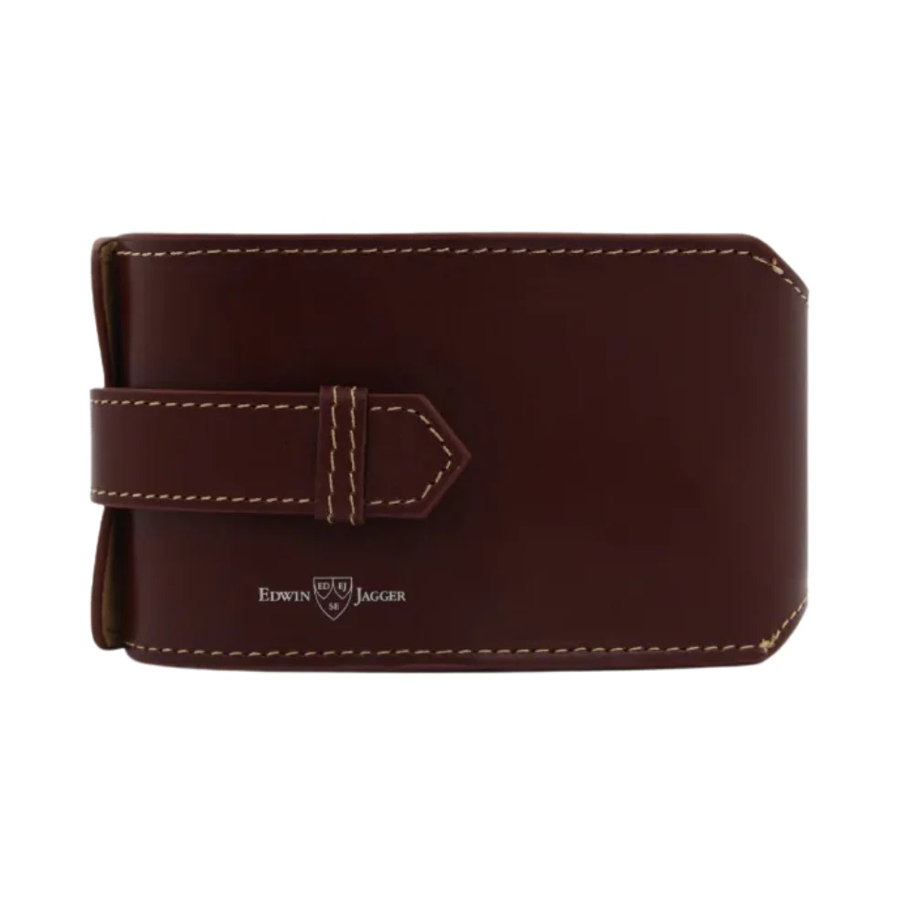 Edwin Jagger Mach 2 Travel Set featuring a closed leather brown travel case with stitched detailing.