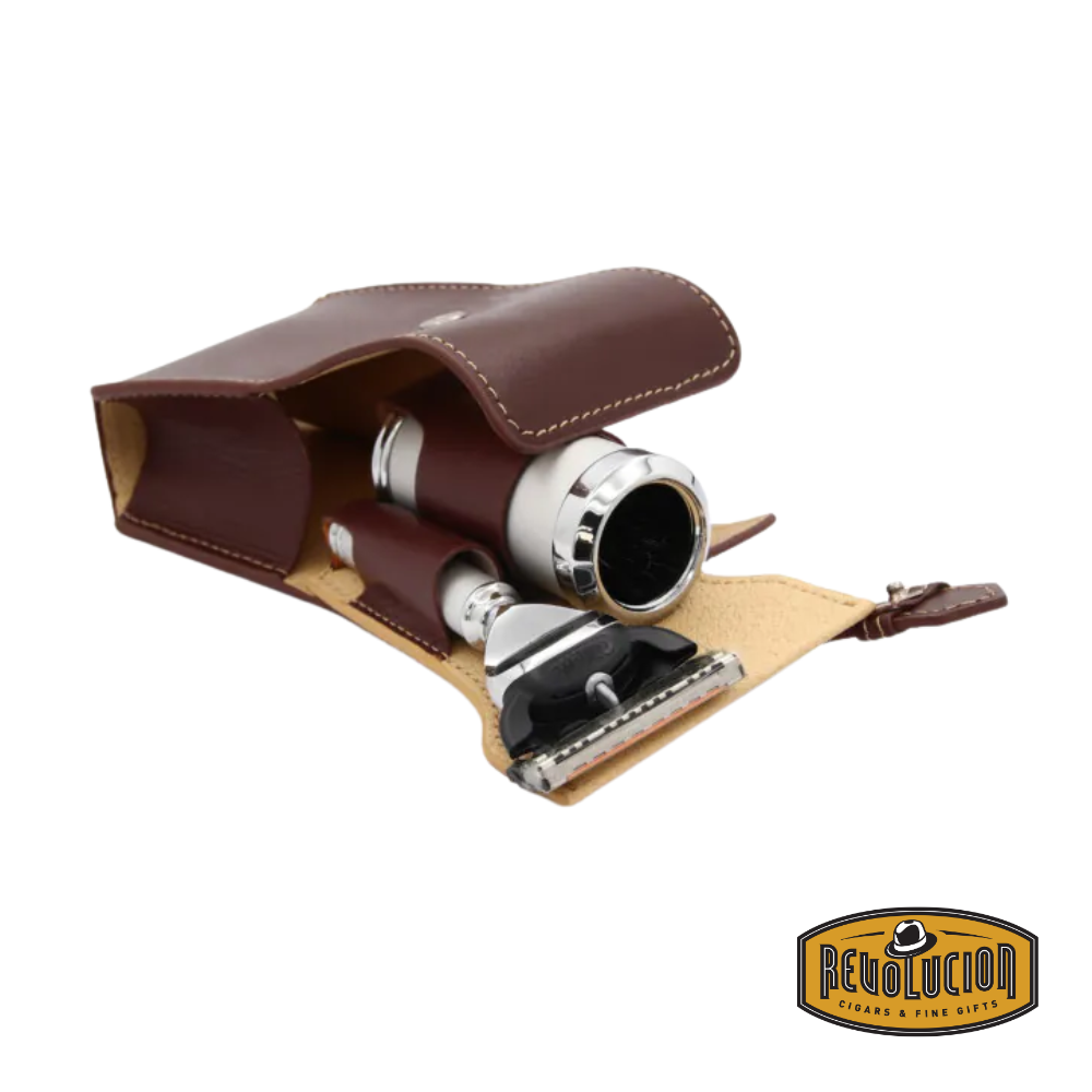 Edwin Jagger Mach 2 Travel Set fully opened, showcasing both the razor and shaving brush inside the brown leather case.