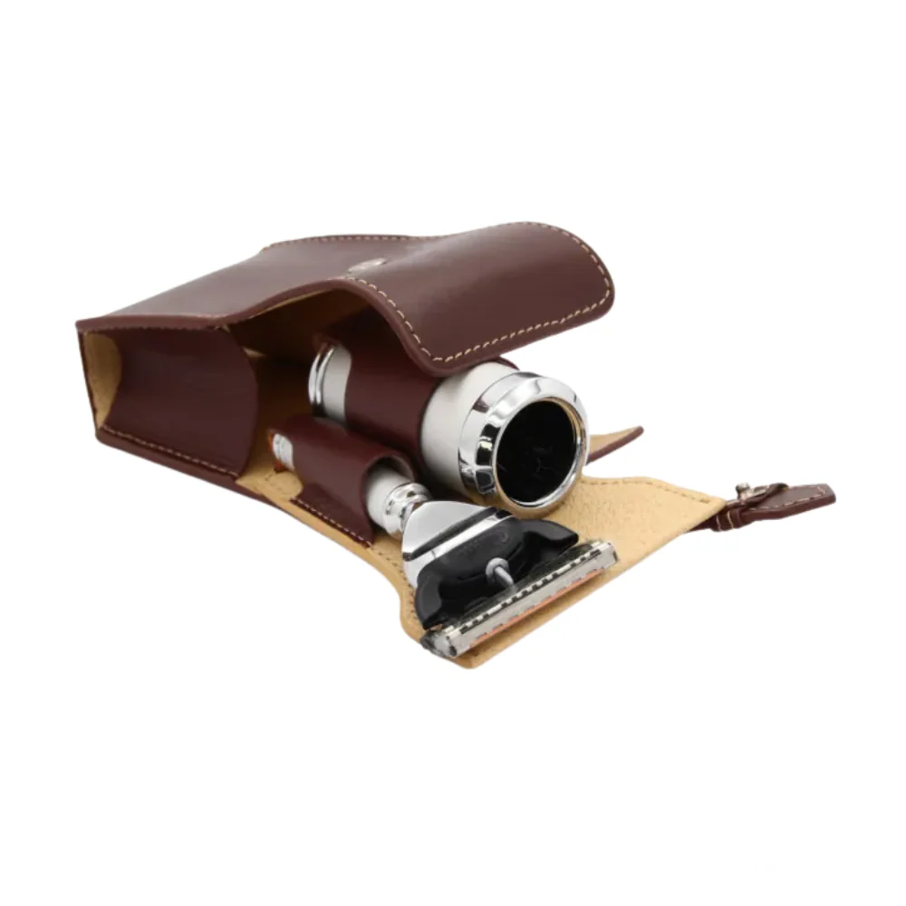 Edwin Jagger Mach 2 Travel Set fully opened, showcasing both the razor and shaving brush inside the brown leather case.