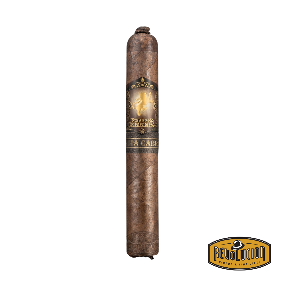 Alt Text:
Esteban Carreras Chupa Cabra Robusto Grande cigar with a dark, oily wrapper and detailed band, representing its bold Nicaraguan heritage.