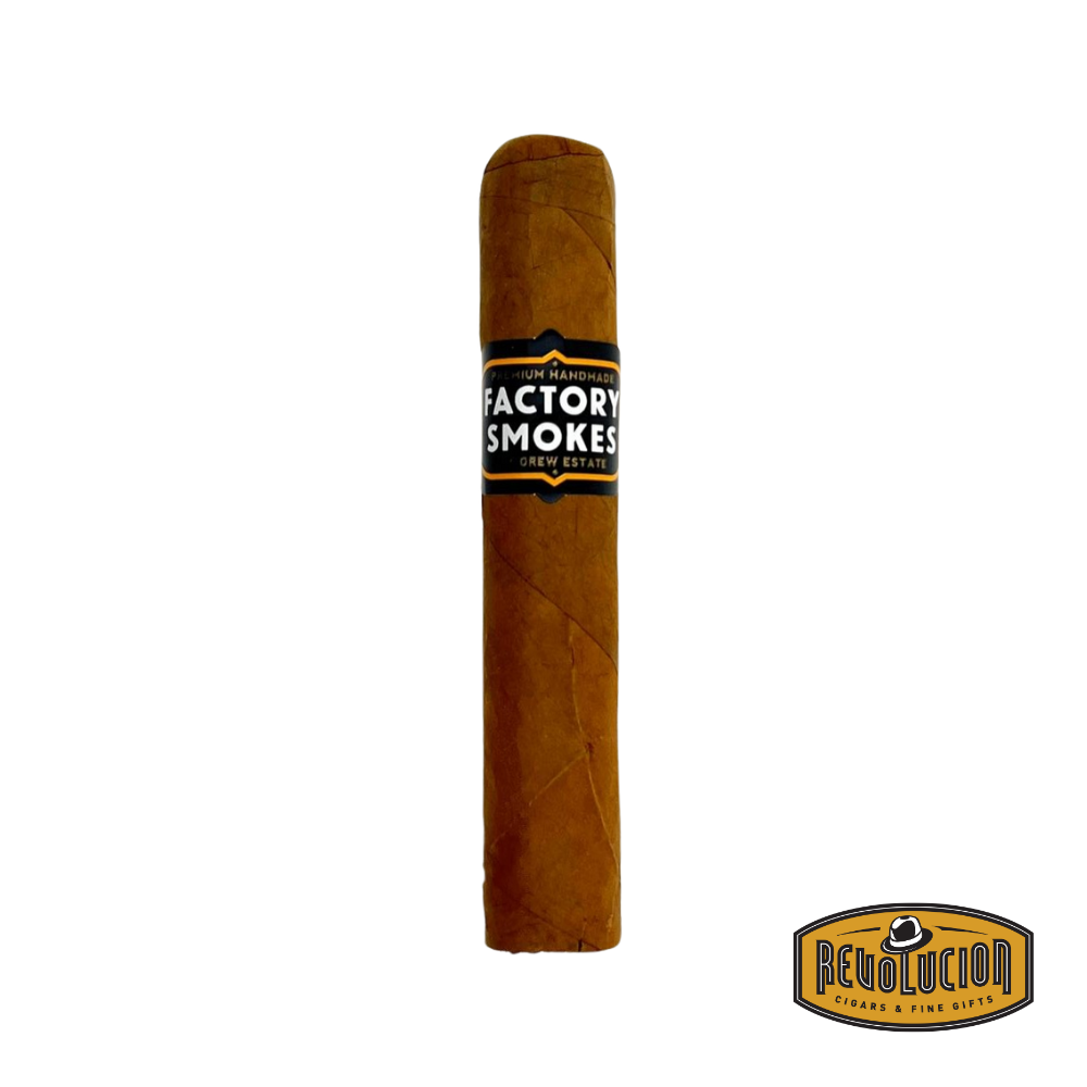 Drew Estate Factory Smokes Shade Robusto Nicaraguan cigar on a white background with the Revolucion logo, featuring a mild strength profile and the Drew Estate band.
