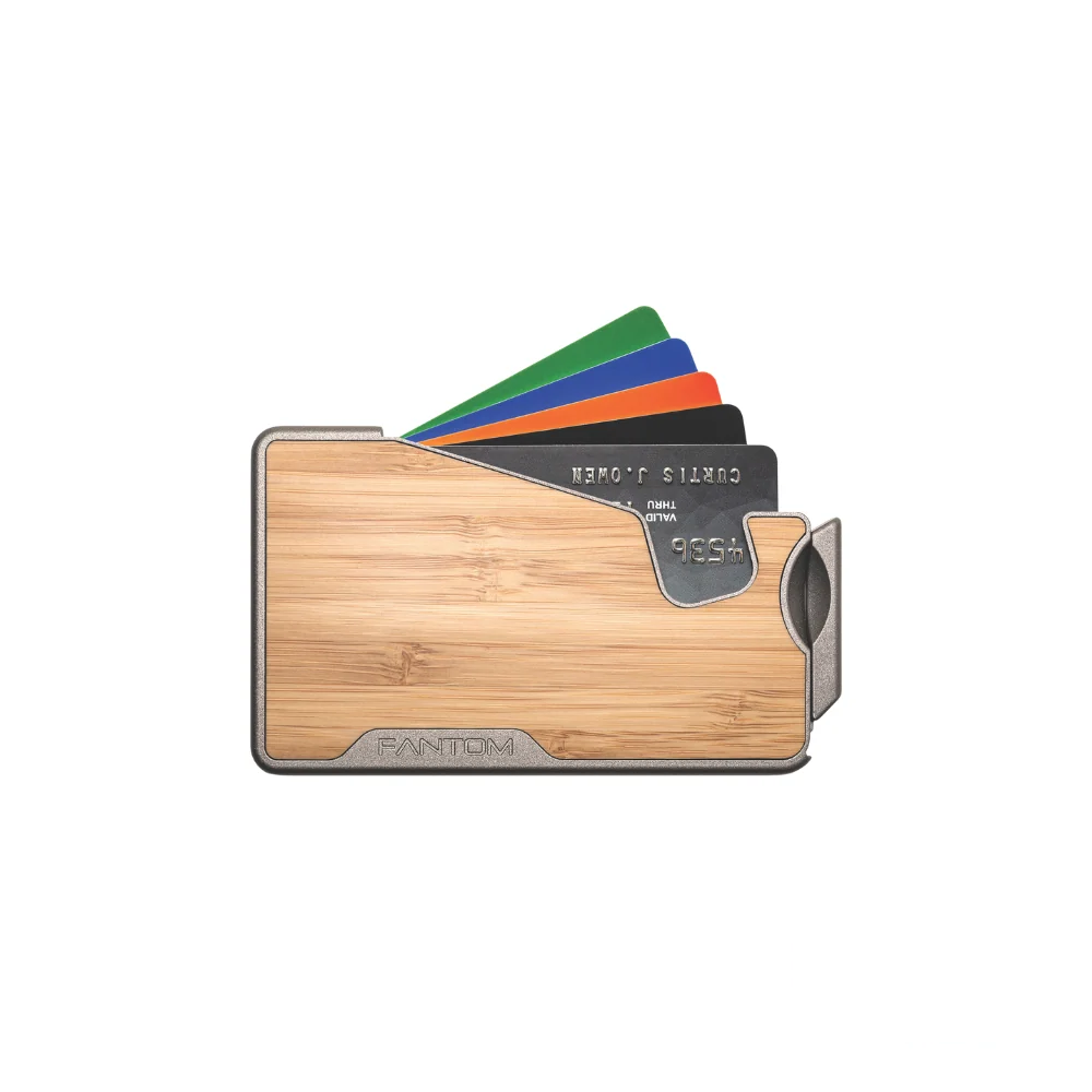 Fantom X7 Wallet in Bamboo finish, featuring an ergonomic design with fanned-out cards for easy access.