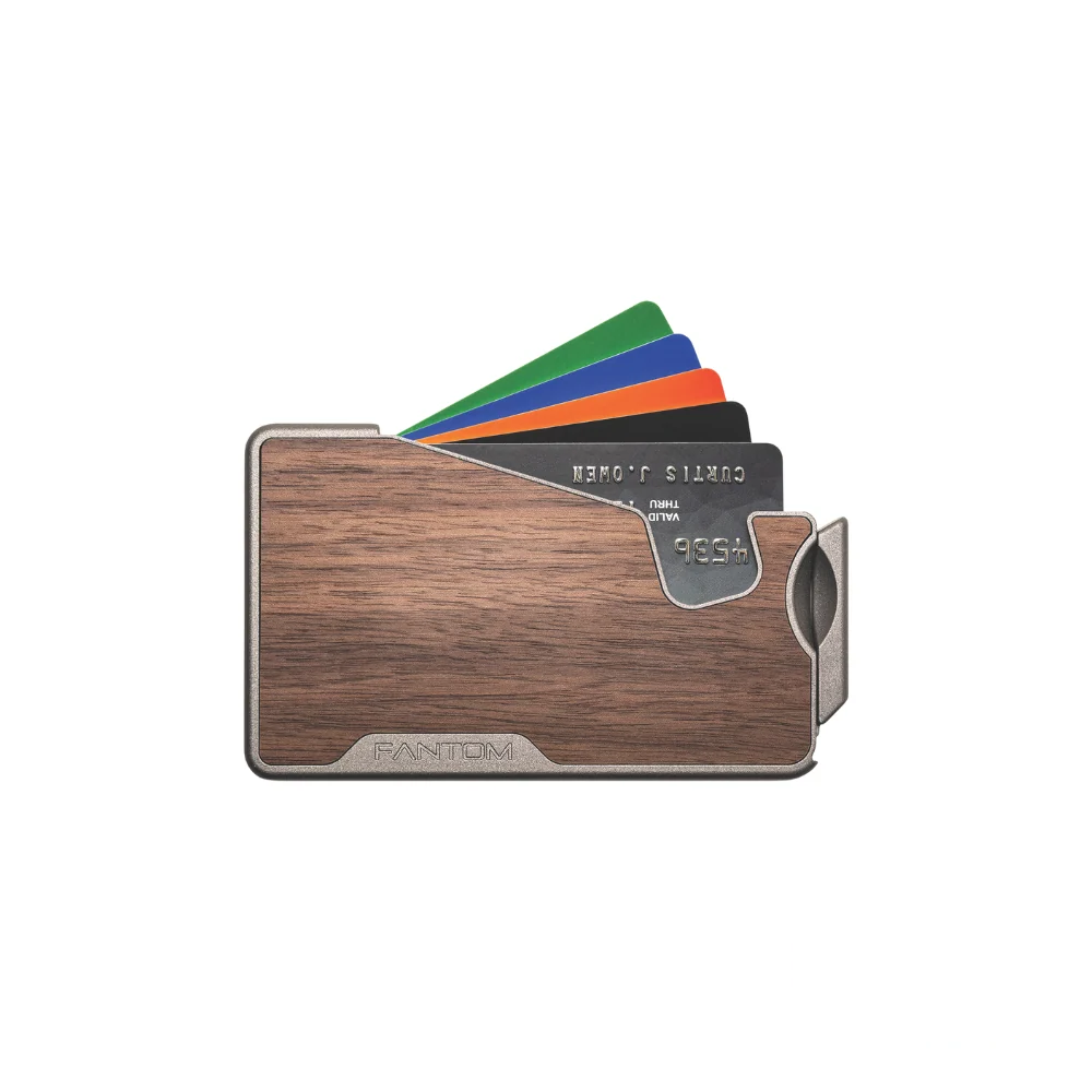 Fantom X7 Wallet in Walnut finish, featuring a sleek design with fanned-out cards for quick access.