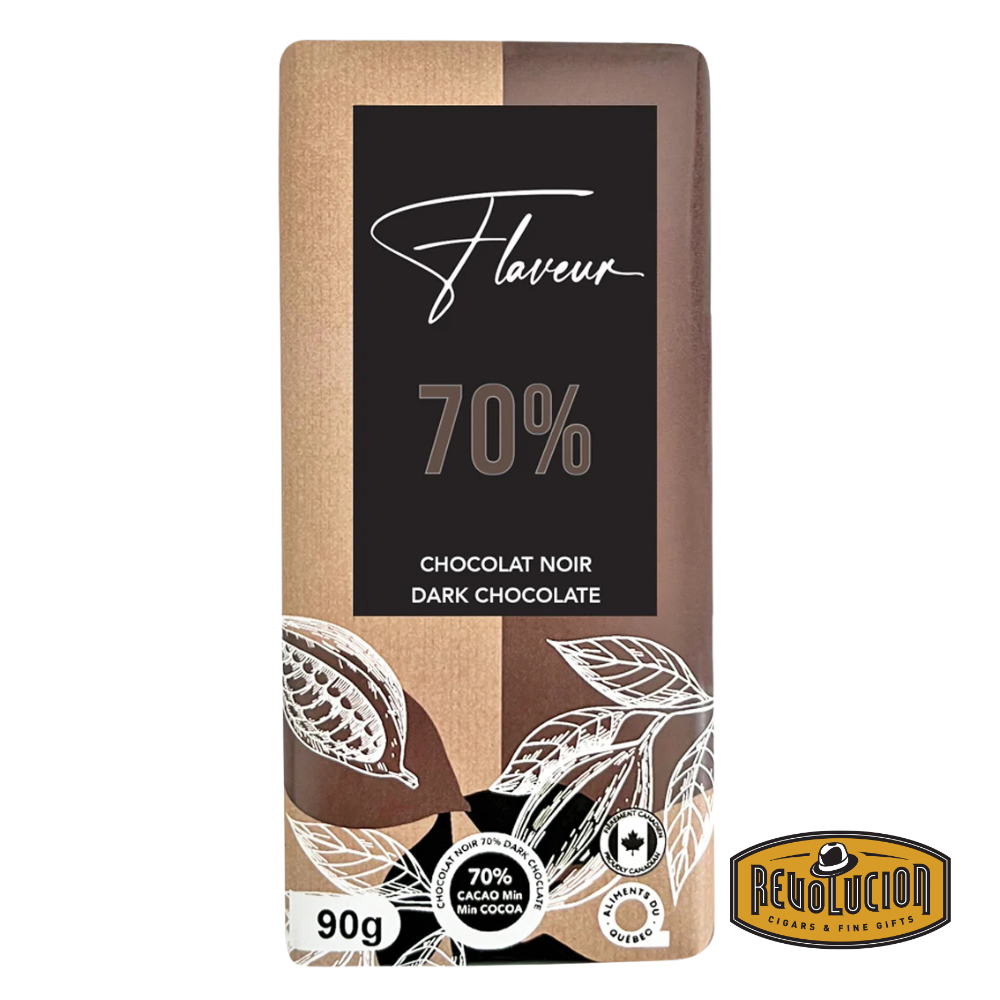 Flaveur Dark Chocolate Bar with elegant packaging, highlighting its rich, smooth texture and deep cocoa tone.