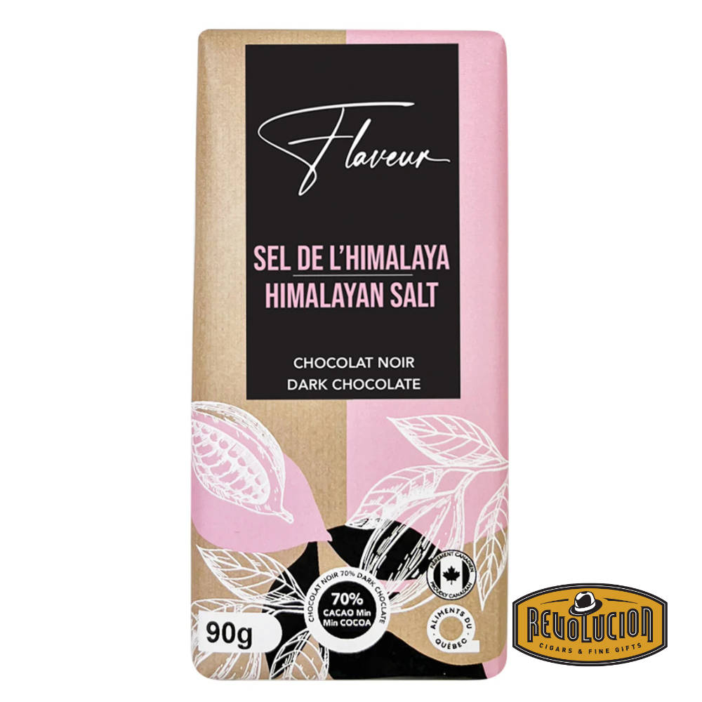 Flaveur Dark Chocolate Himalayan Salt Bar presented in premium packaging, highlighting a blend of intense dark chocolate and pink Himalayan salt.