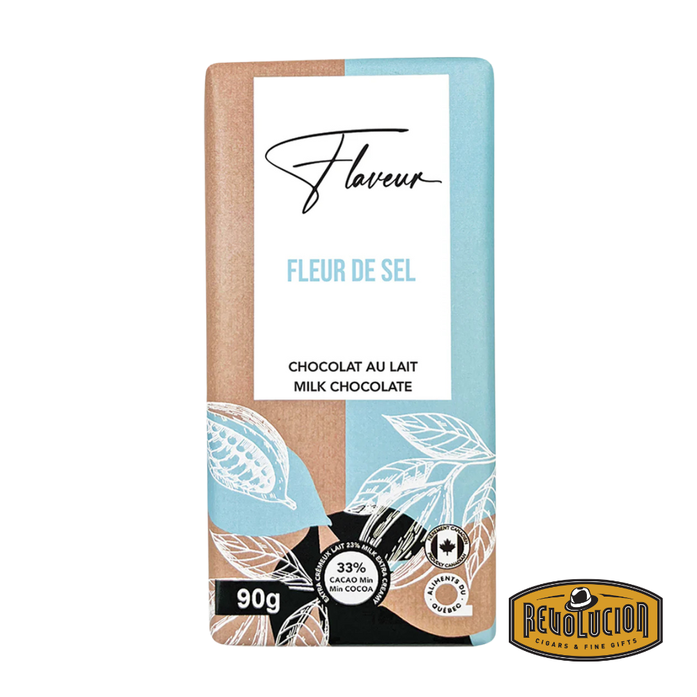 Flaveur Milk Chocolate Fleur De Sel Bar showcasing smooth milk chocolate paired with delicate French sea salt in refined packaging.