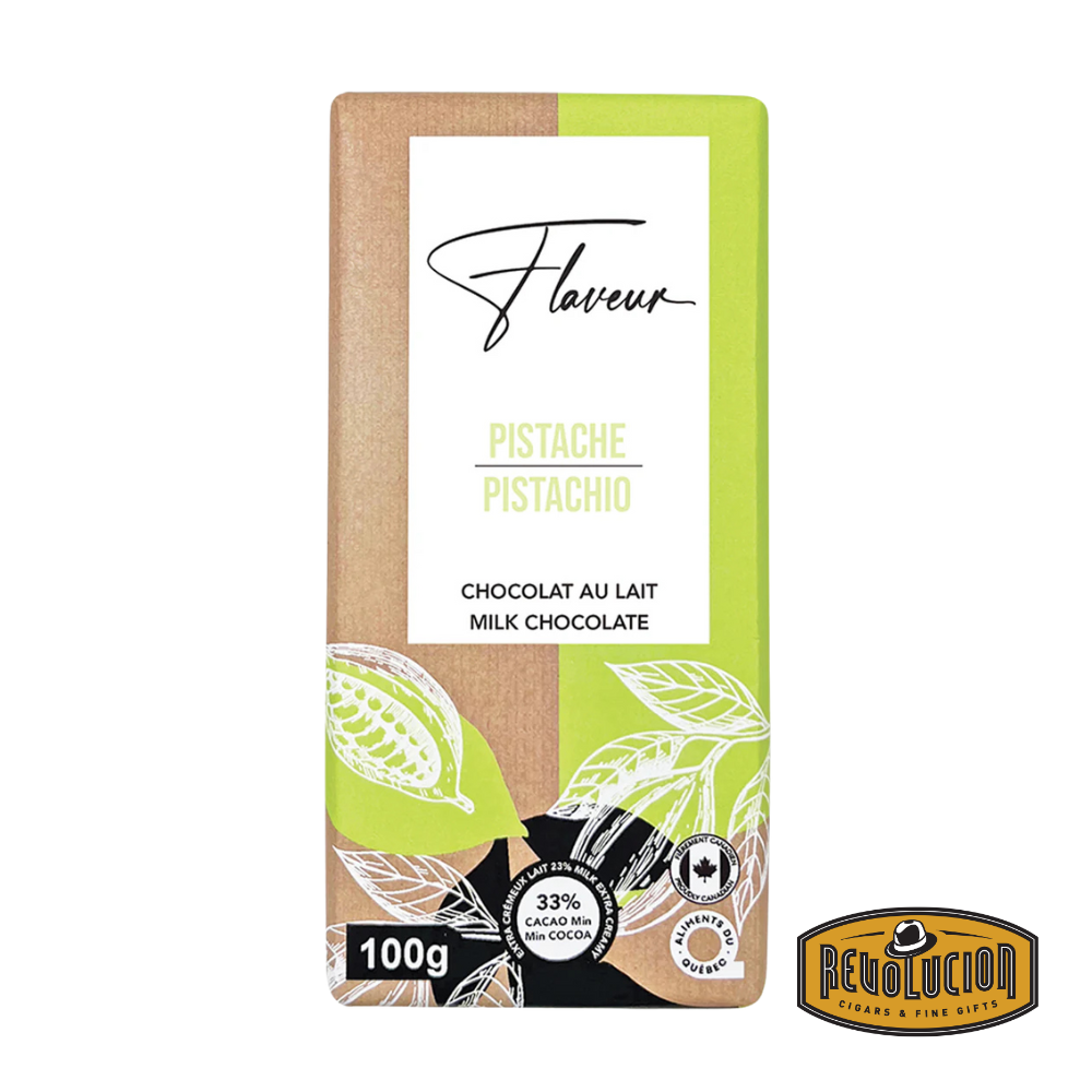 Flaveur Milk Chocolate Pistachio Bar featuring rich milk chocolate infused with whole pistachios, elegantly wrapped for gourmet appeal.