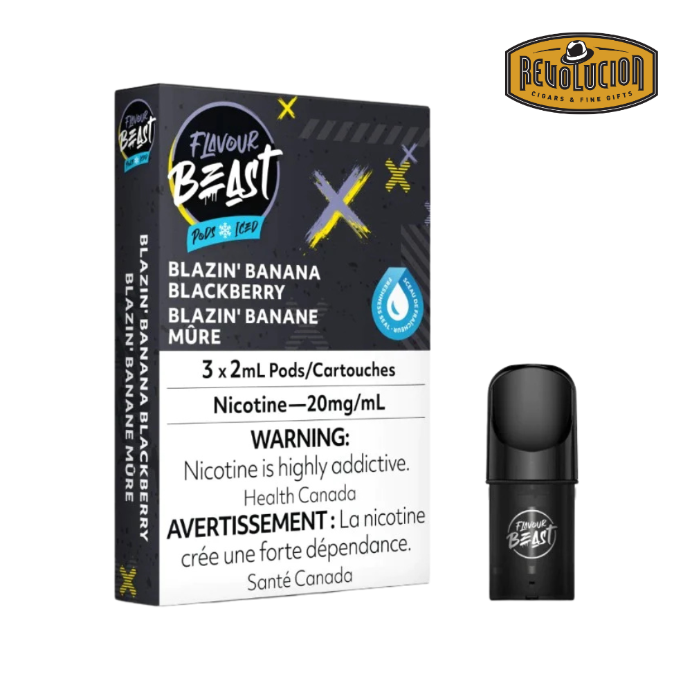 Flavour Beast Pod Pack Disposable featuring Blazin' Banana Blackberry Iced flavor, a disposable vape delivering a blend of creamy banana, ripe blackberry, and a refreshing icy finish.