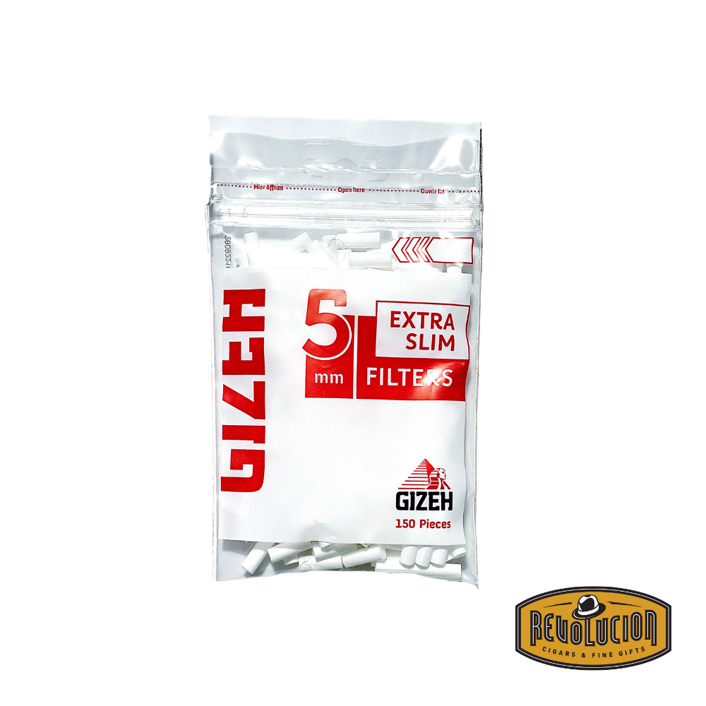 Front view of Gizeh Extra Slim 5mm Smoking Filters, featuring compact packaging with branding and product details.