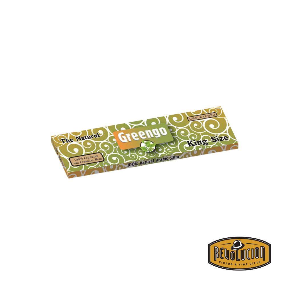 Opened Greengo King Size Regular Rolling Papers pack, revealing the ultra-thin, unbleached papers inside.