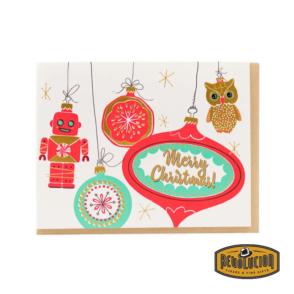 Greeting Card Holiday Retro Ornaments featuring a vintage-inspired design with colorful, mid-century-style ornaments, perfect for spreading holiday joy.