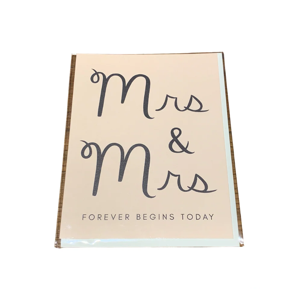 Front of the "Mrs. and Mrs. Forever" greeting card, featuring elegant typography and a beautiful design symbolizing love and commitment.