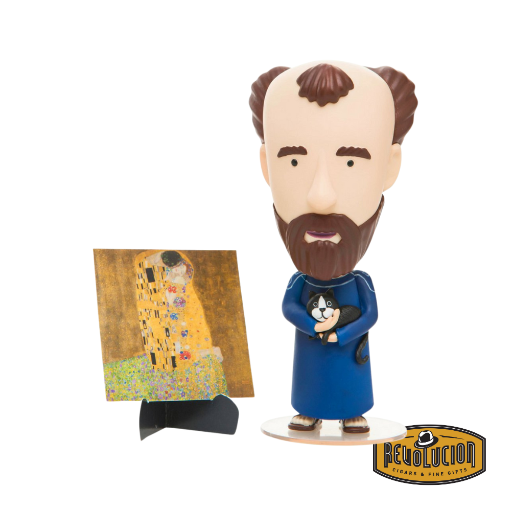 Gustav Klimt collectible figure by Today Is Art Day, standing next to his iconic painting 'The Kiss,' capturing the essence of the renowned artist and his masterpiece.