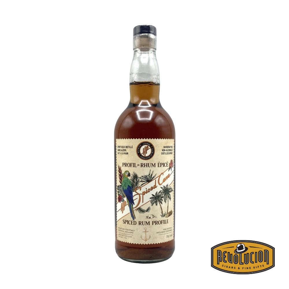 HP Spiced Rum 750 mL non-alcoholic spirit bottle with a detailed label, evoking traditional rum aesthetics and rich flavor expectations.