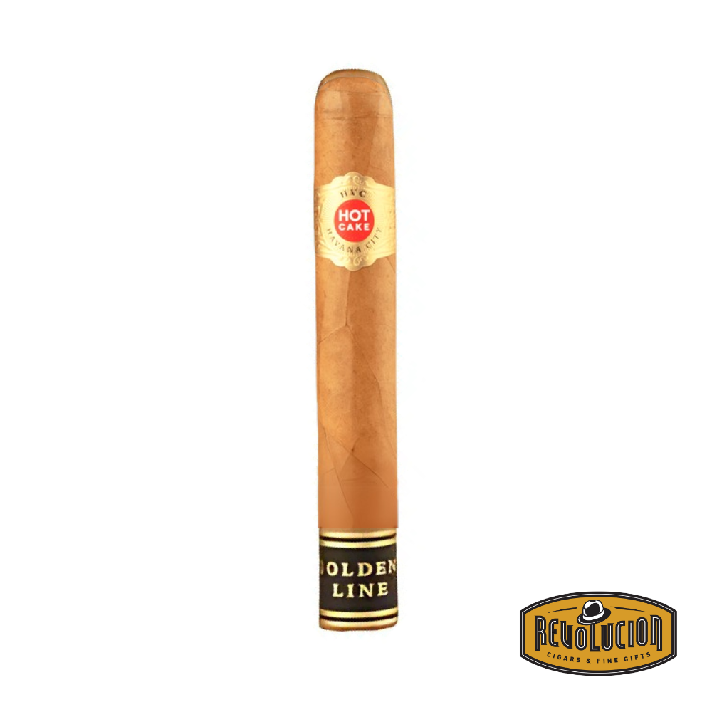 HVC Hot Cake Golden Line Laguito No.5 Connecticut Toro Medium Strength Nicaraguan Cigars with detailed golden band.