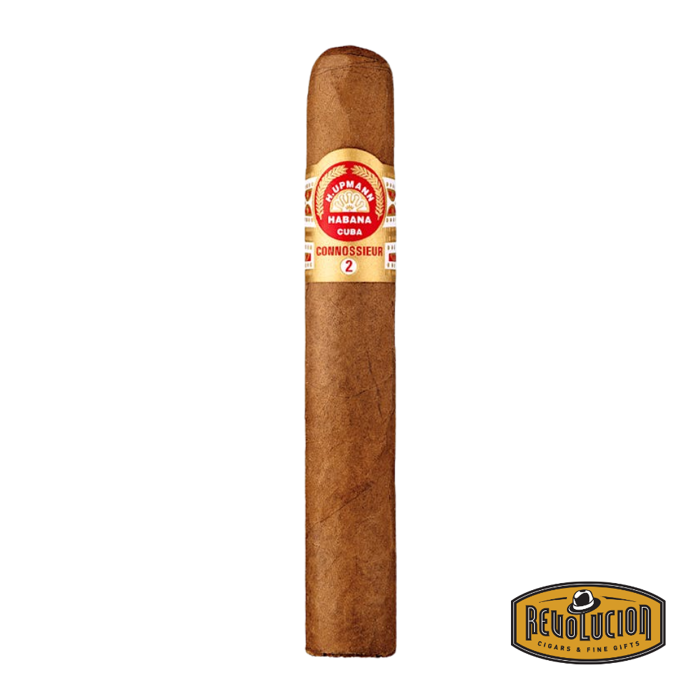 Single H.Upmann Connossieur No.2 H/M Robusto Cuban cigar with a smooth, light brown wrapper and elegant gold-banded branding.