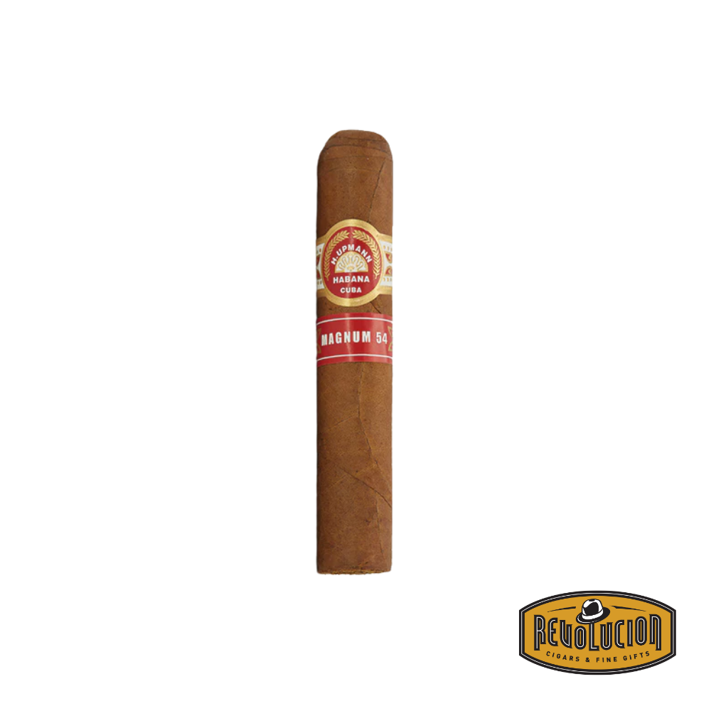 Single H.Upmann Magnum 54 HR Robusto Extra Cuban cigar with a smooth, light brown wrapper and gold-accented band displaying the H.Upmann branding.