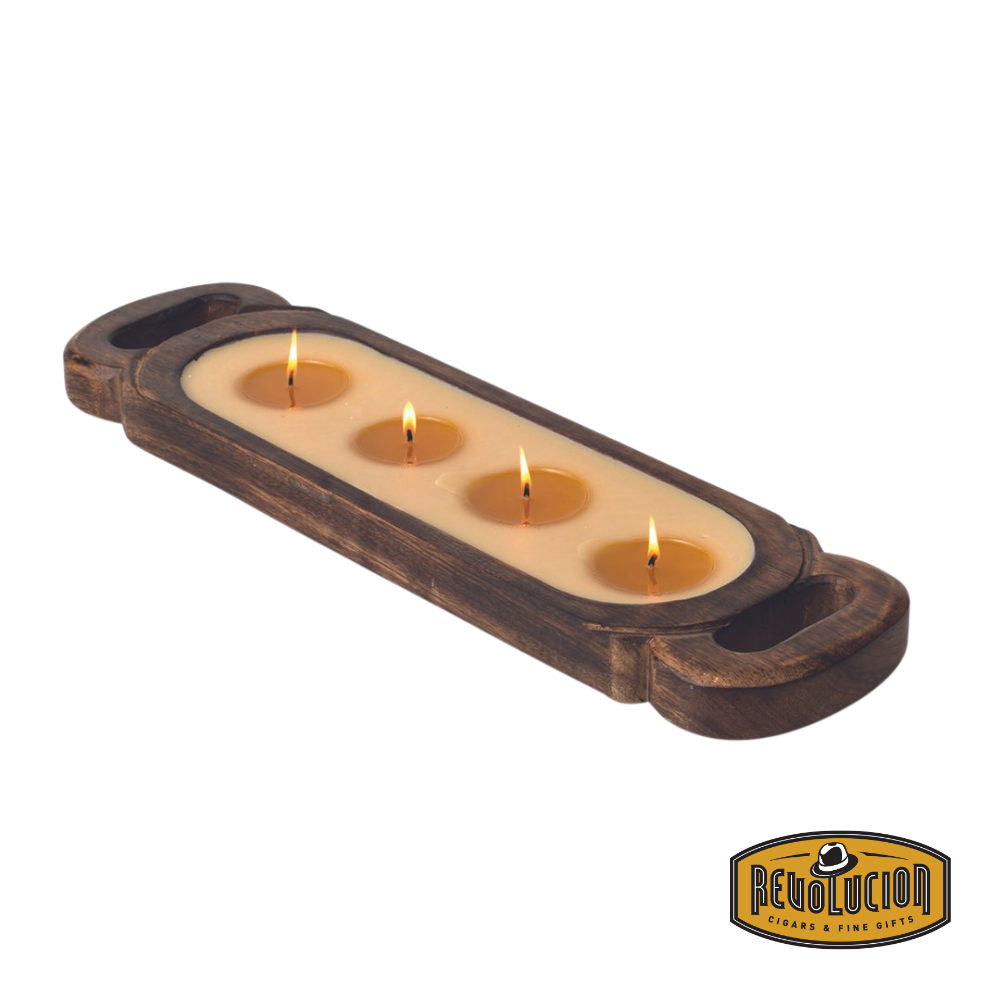 Himalayan Handmade Candles - Small Wooden Tray in Bourbon Vanilla, featuring a rustic wooden container with multiple wicks.