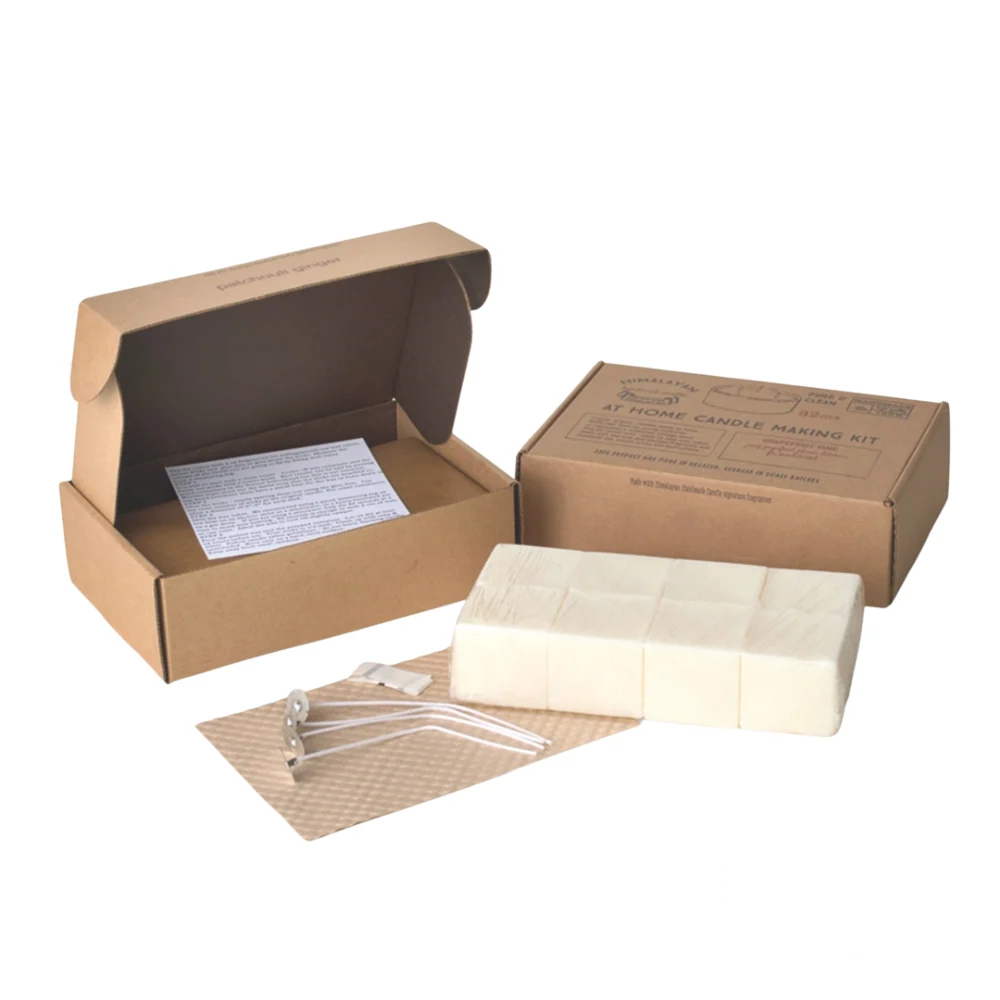 Himalayan Homemade Candles Making Kit, including natural soy wax blocks, wicks, wick holders, and instructions, packaged in an eco-friendly kraft box.