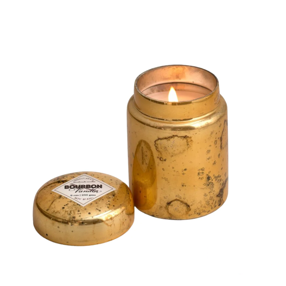 Himalayan Smoke Mountain Fire Glass Lidded Candle – 9oz candle housed in a stylish glass jar, featuring a warm and rich bourbon vanilla aroma.