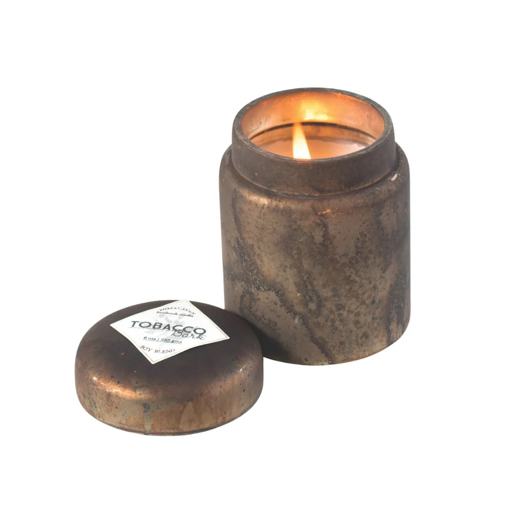 Himalayan Smoke Mountain Fire Glass Lidded Candle – 9oz candle in a luxurious glass jar, featuring the rich and earthy aroma of tobacco bark.