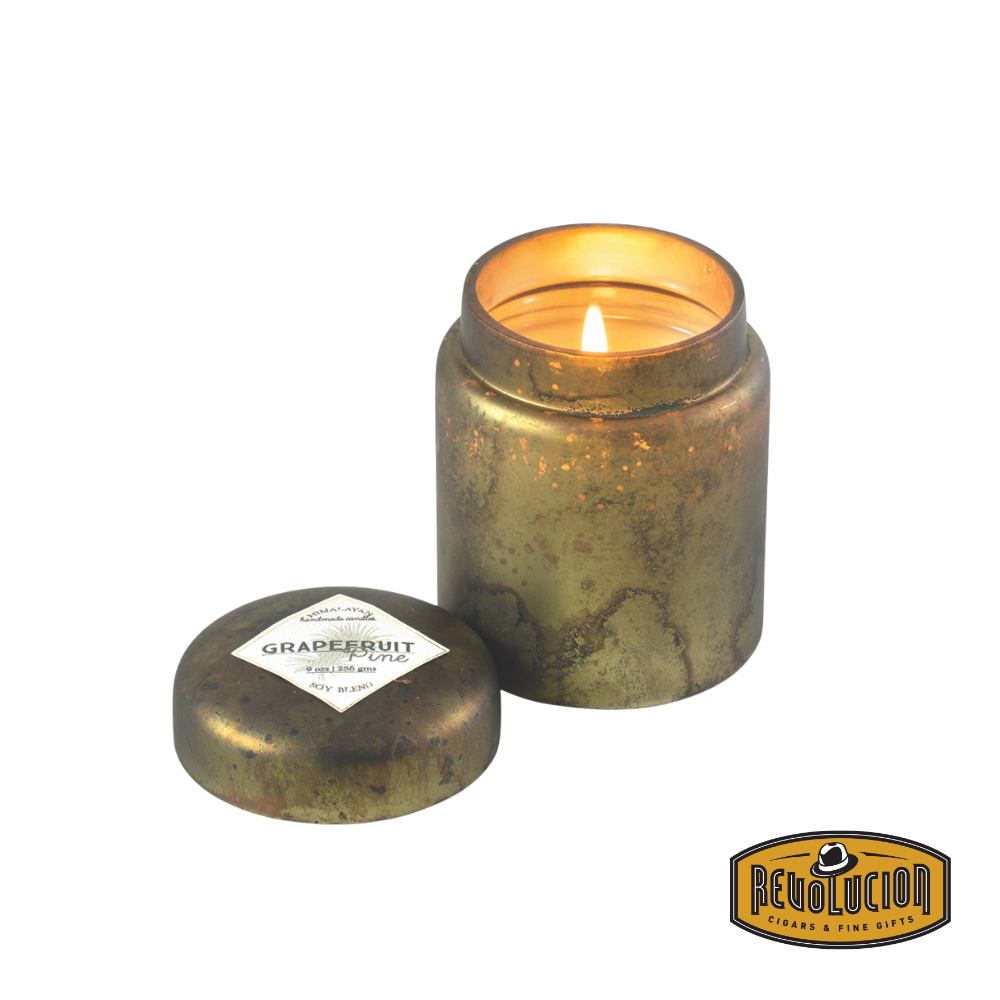 Himalayan Smoke Mountain Fire Glass Lidded Candle – 9oz candle in a sleek glass container, infused with the crisp and invigorating scent of grapefruit and pine.