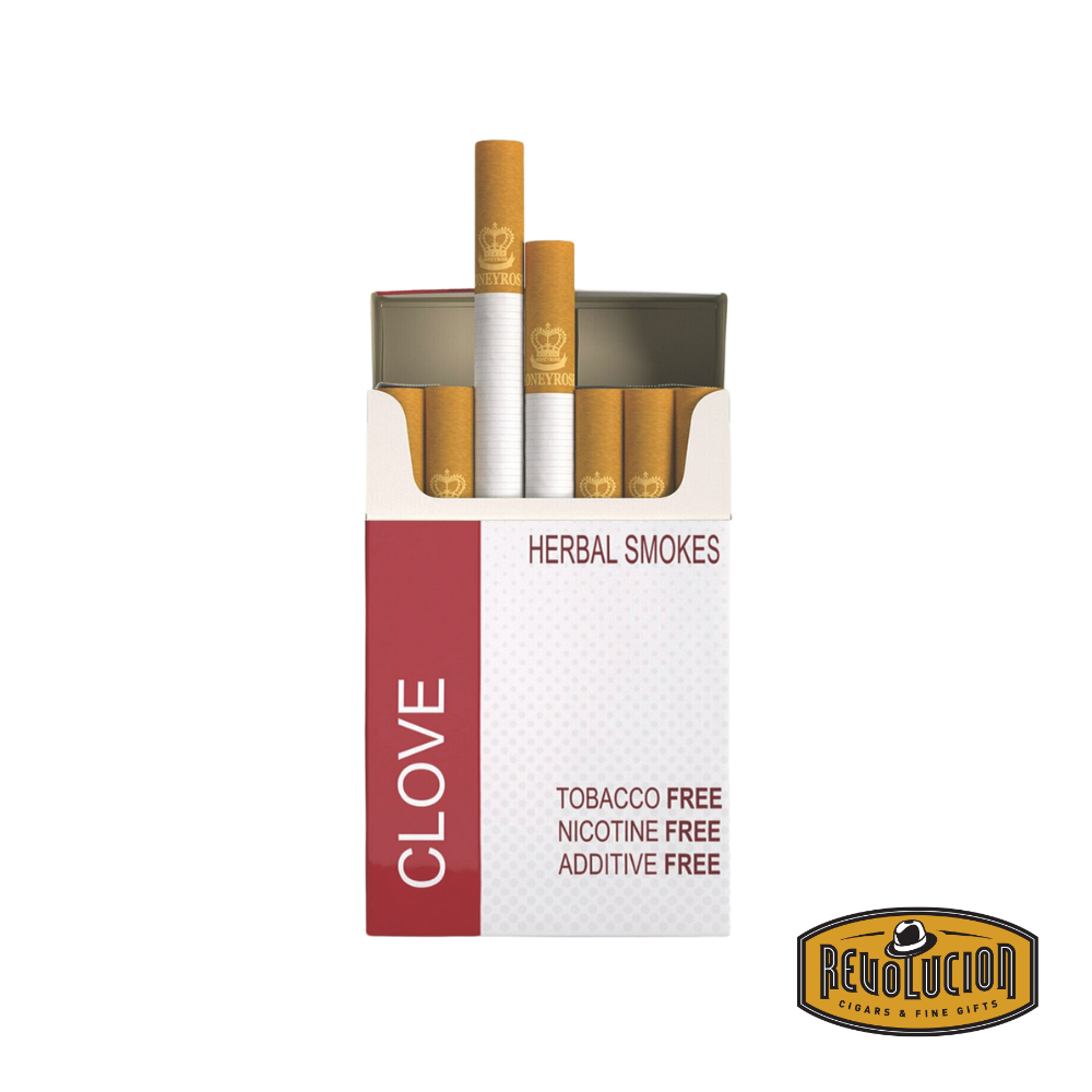 Honeyrose Clove Herbal Cigarettes in a pack of 20, featuring a red and white design with tobacco-free, nicotine-free, and additive-free labeling.
