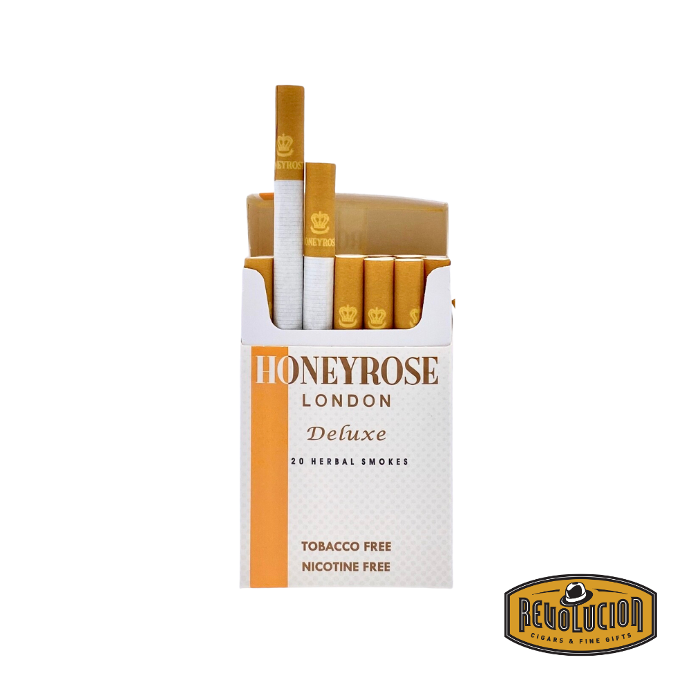 Honeyrose Deluxe Non-Flavoured Herbal Cigarettes in a pack of 20, featuring a classic white and gold design with tobacco-free, nicotine-free, and additive-free labeling.