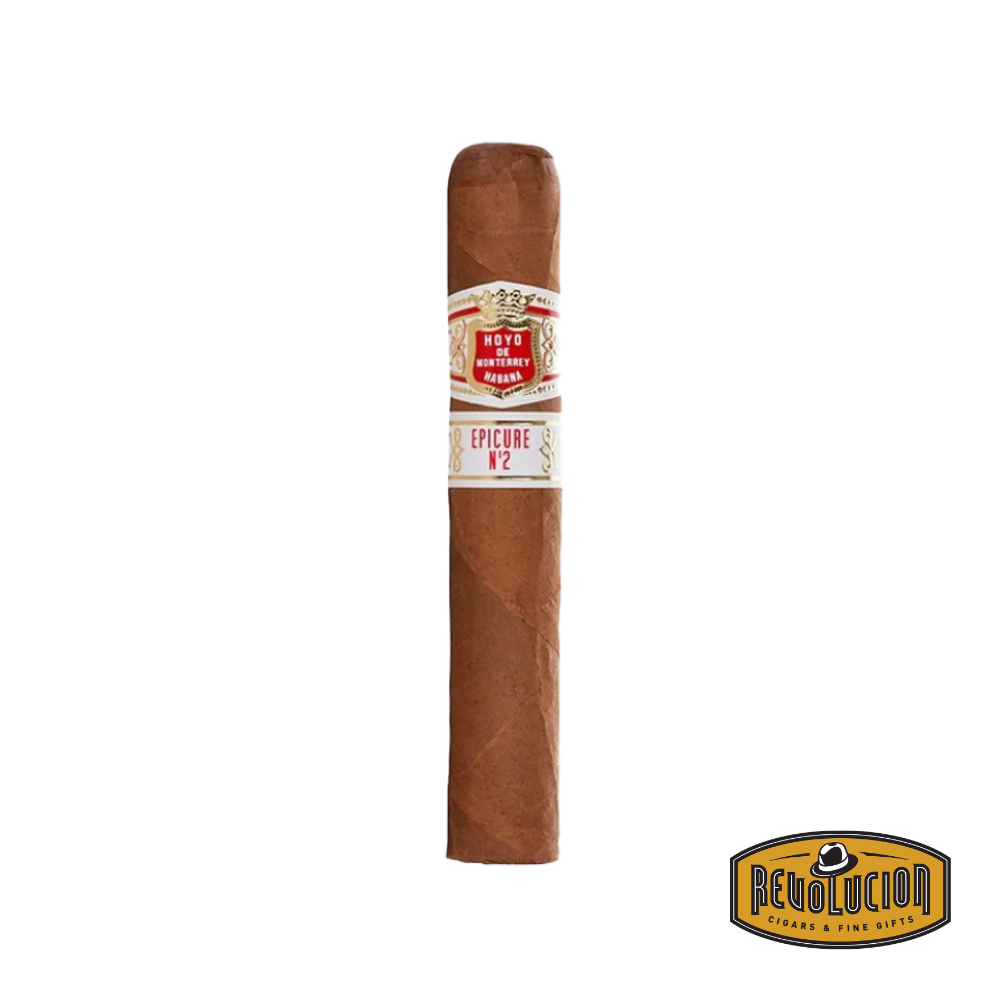 Hoyo de Monterrey Epicure No.2 H/M Robusto Cuban cigar on a white background with the Revolucion logo, featuring a mild strength profile and a classic red, white, and gold band.