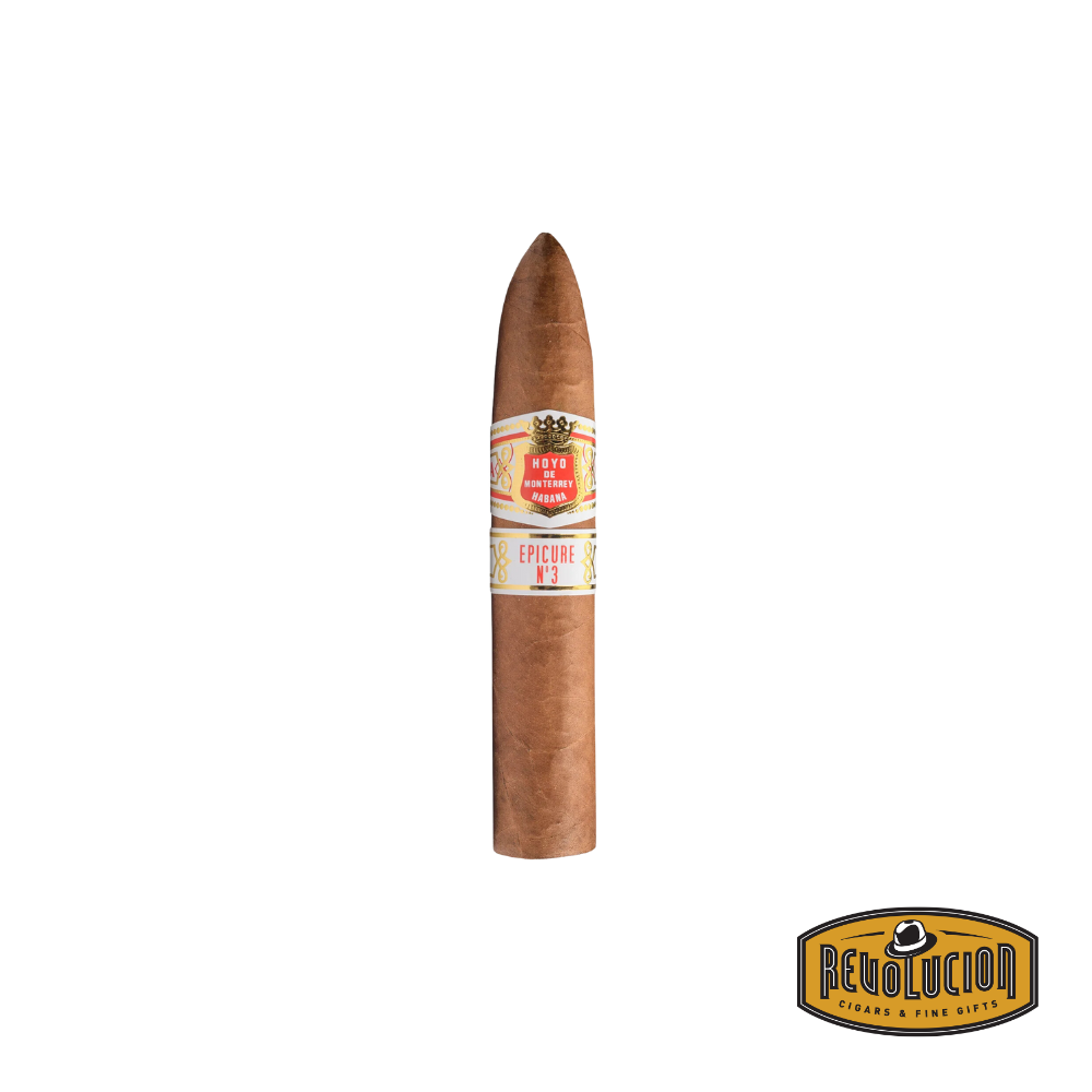 Hoyo de Monterrey Epicure No.3 Figurado mild-strength Cuban cigar with a classic white and red band, available at Revolucion Cigars & Fine Gifts.