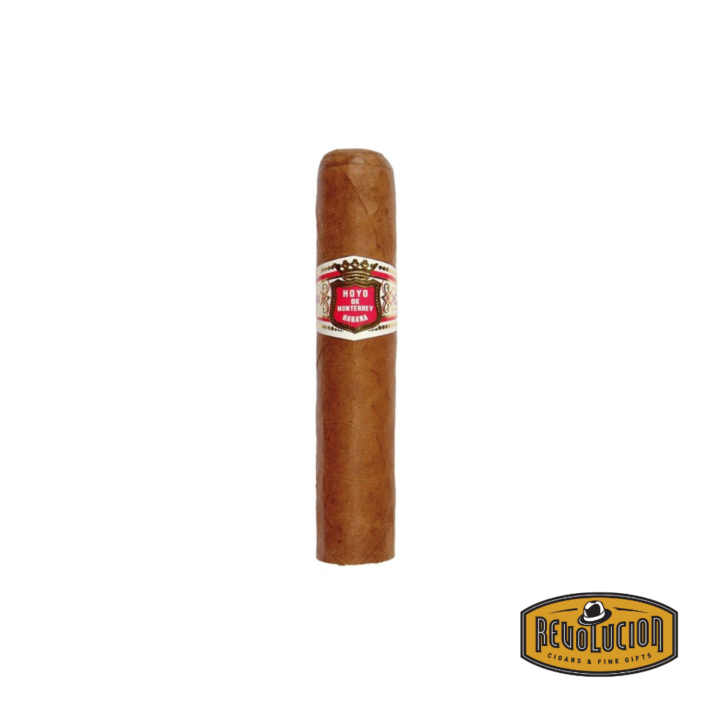Hoyo de Monterrey Petit Robusto Cuban cigar on a white background with the Revolucion logo, featuring a mild-medium strength profile and elegant red-and-gold band.