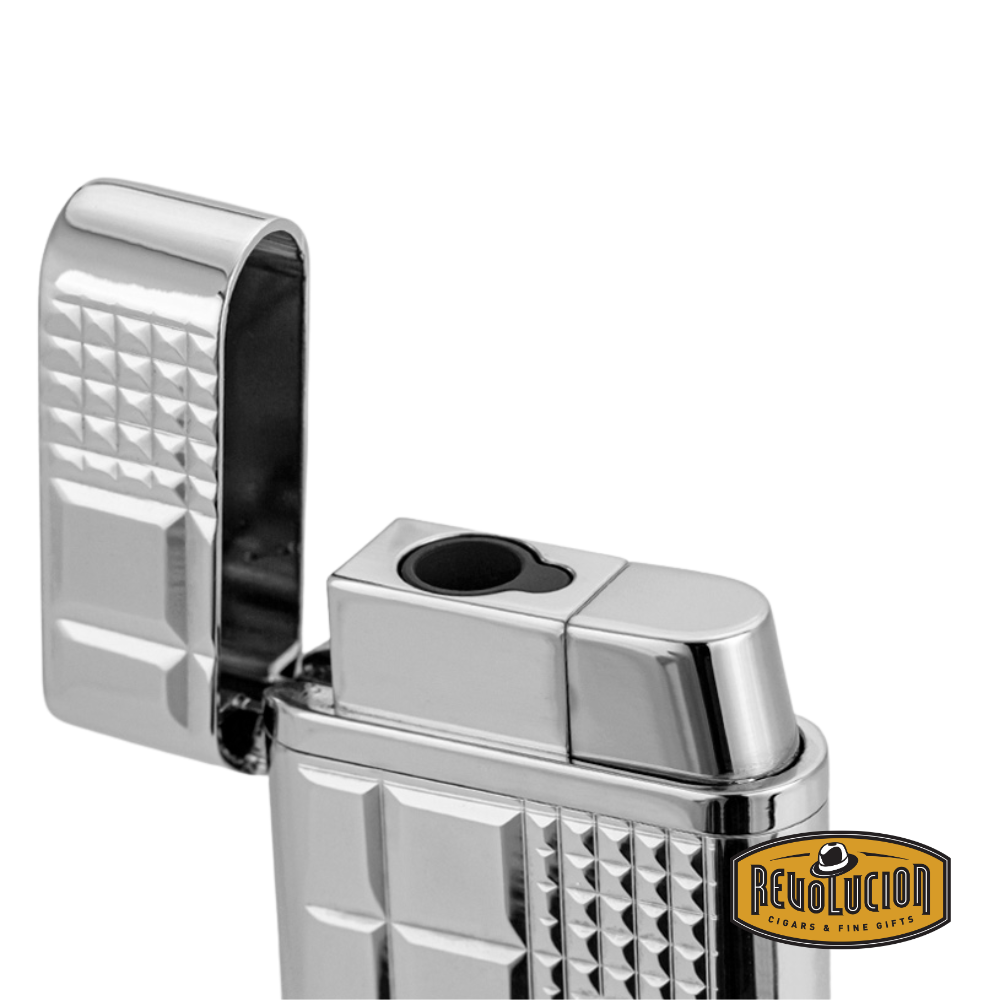 IM Corona Flambeau 3350 Jet Lighter featuring a sleek geometric chrome design, shown closed with full front surface detail.