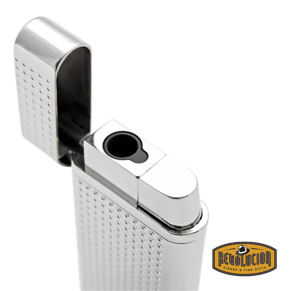 IM Corona Flambeau 3415 Jet Lighter with lid open, revealing the jet flame nozzle and refined internal metalwork.