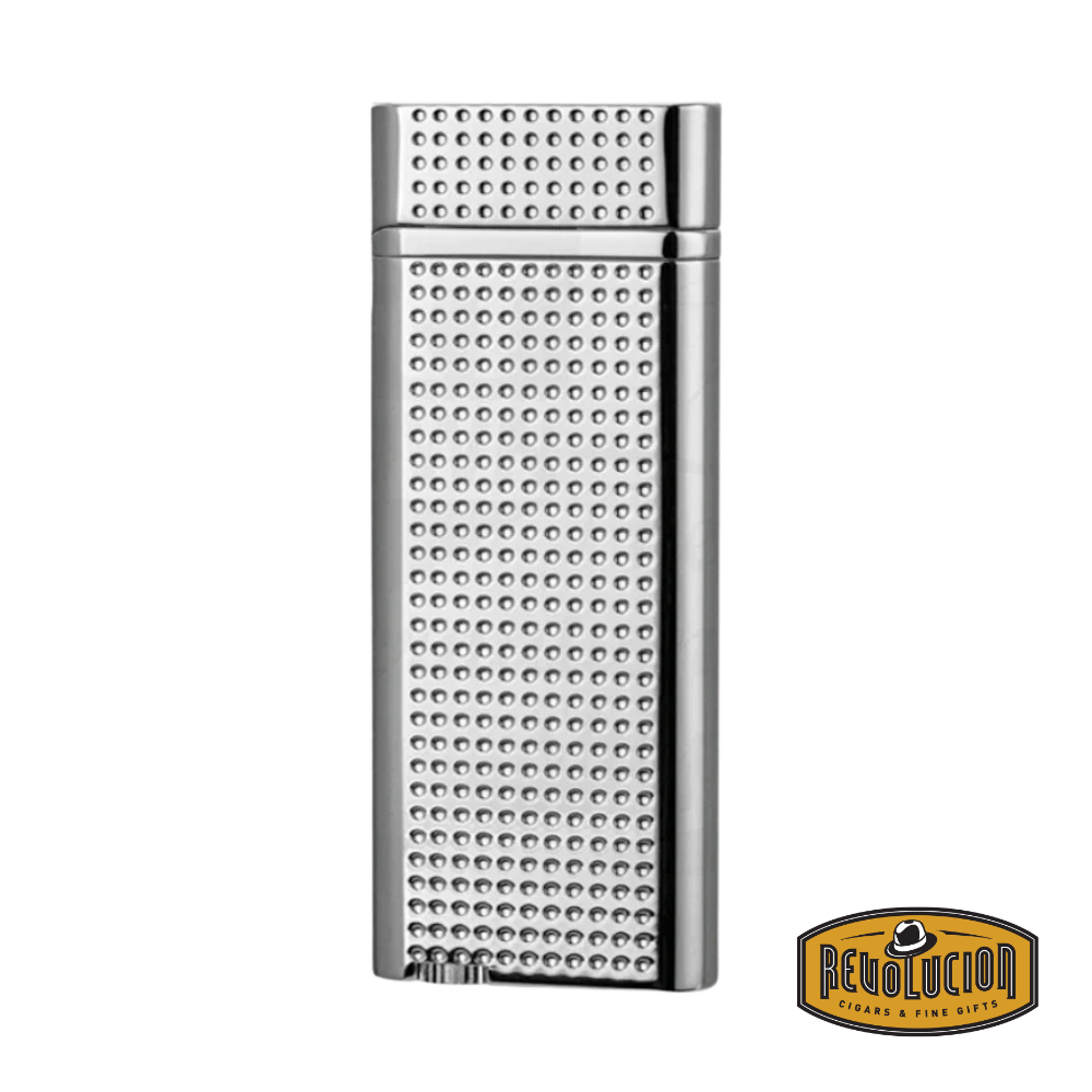IM Corona Flambeau 3415 Jet Lighter in polished chrome with a distinctive textured pattern, shown from the front in a closed position.