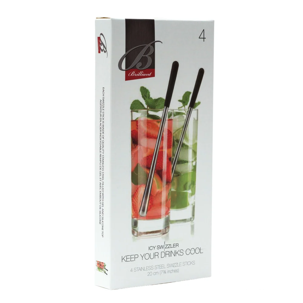 Box of Icy Stainless Steel Swizzle Stick, highlighting the product packaging and branding.