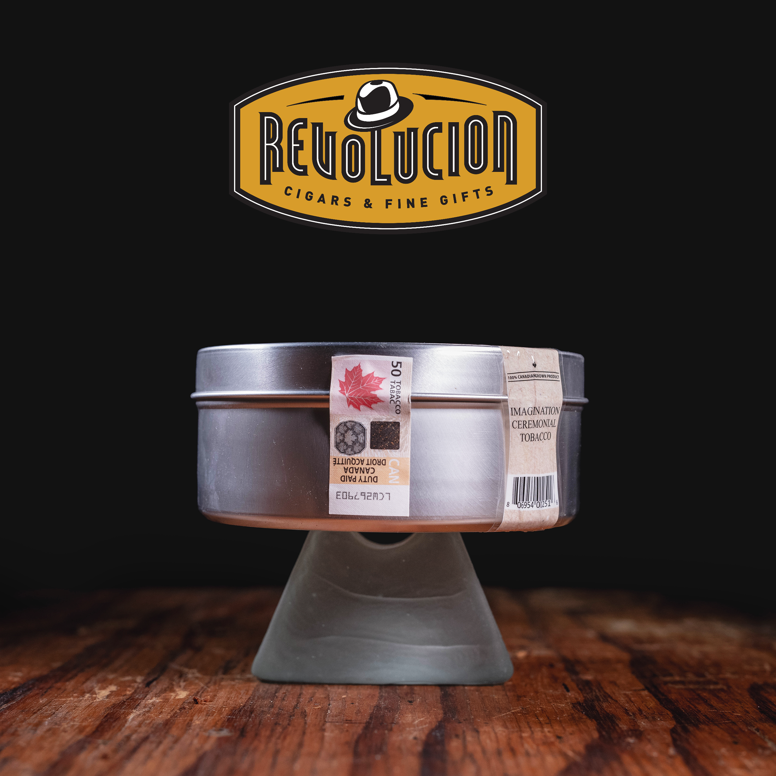 Side view of Imagination Ceremonial Tobacco 50g can, highlighting additional packaging information.