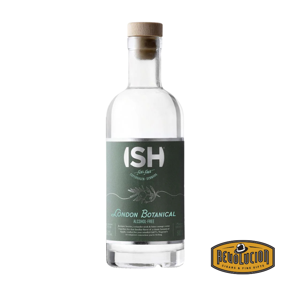 A 500 ml bottle of ISH London Botanical Alcohol-Free Gin, featuring a refined label that highlights its blend of botanical flavors, offering a sophisticated non-alcoholic alternative to traditional gin.