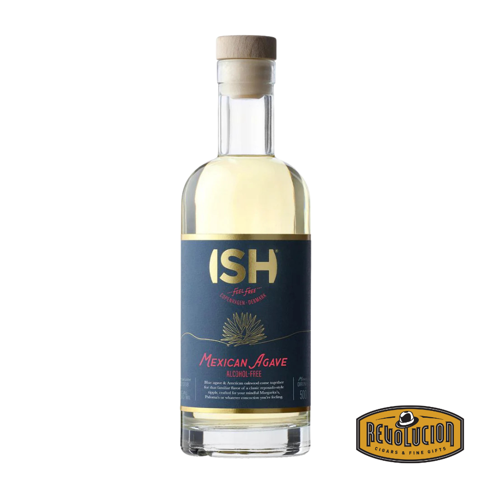 A 500 ml bottle of ISH Mexican Agave Tequila, showcasing its sleek design and rich, agave-inspired label, offering a non-alcoholic alternative to traditional tequila.