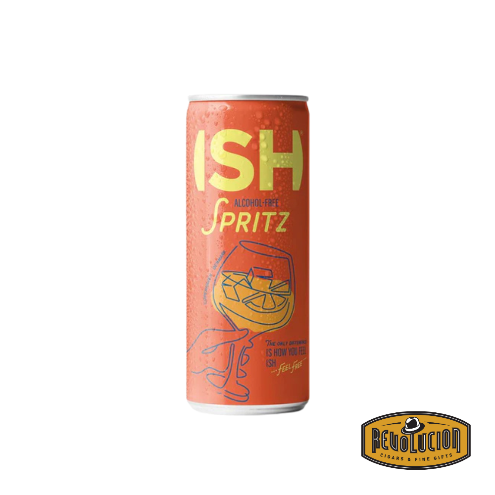 A 250 ml can of ISH Spritz Non-Alcoholic Cocktail with a sleek design, featuring a bold orange label that mimics the refreshing flavors of a classic Italian spritz.