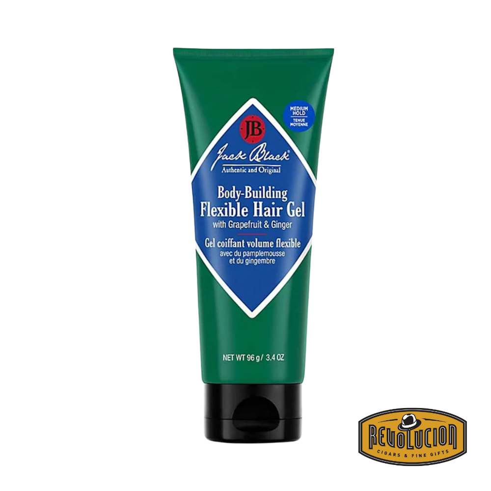 A tube of Jack Black Body-Building Flexible Hair Gel, a high-quality styling gel that provides long-lasting hold, volume, and a natural finish without flaking or stiffness.