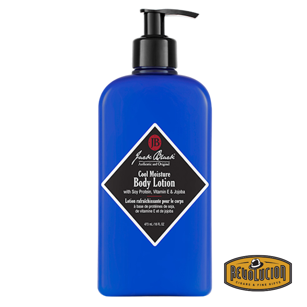 Jack Black Cool Moisture Body Lotion 16oz bottle with a pump dispenser, featuring a blue label and minimalist design that highlights its refreshing and soothing properties.