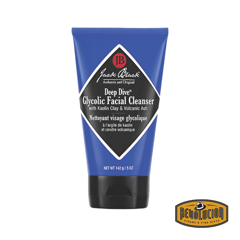 Jack Black Deep Dive Glycolic Facial Cleanser – Blue tube of detoxifying face cleanser with glycolic acid for deep pore cleansing and exfoliation.